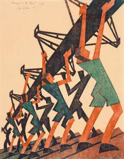 Sybil Andrews (1898-1992): BRINGING IN THE BOAT (COPPEL SA 24) Color linocut, 1933, on tissue-thin Japan paper, signed, titled and numbered 57/60 pencil, the full sheet, framed. Sheet 14 1/2 x 11 1/2 inches; 368 x 292 mm.