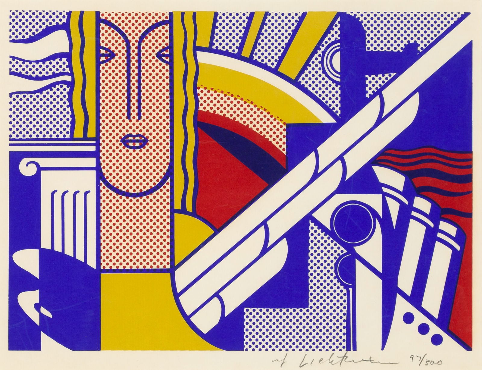 Roy Lichtenstein (1923-1997): MODERN ART POSTER (CORLETT II.8)Color screenprint, 1967, on smooth cream wove paper, signed and numbered 97/300 in pencil, published by Leo Castelli Gallery, New York, with full margins, framed.Image