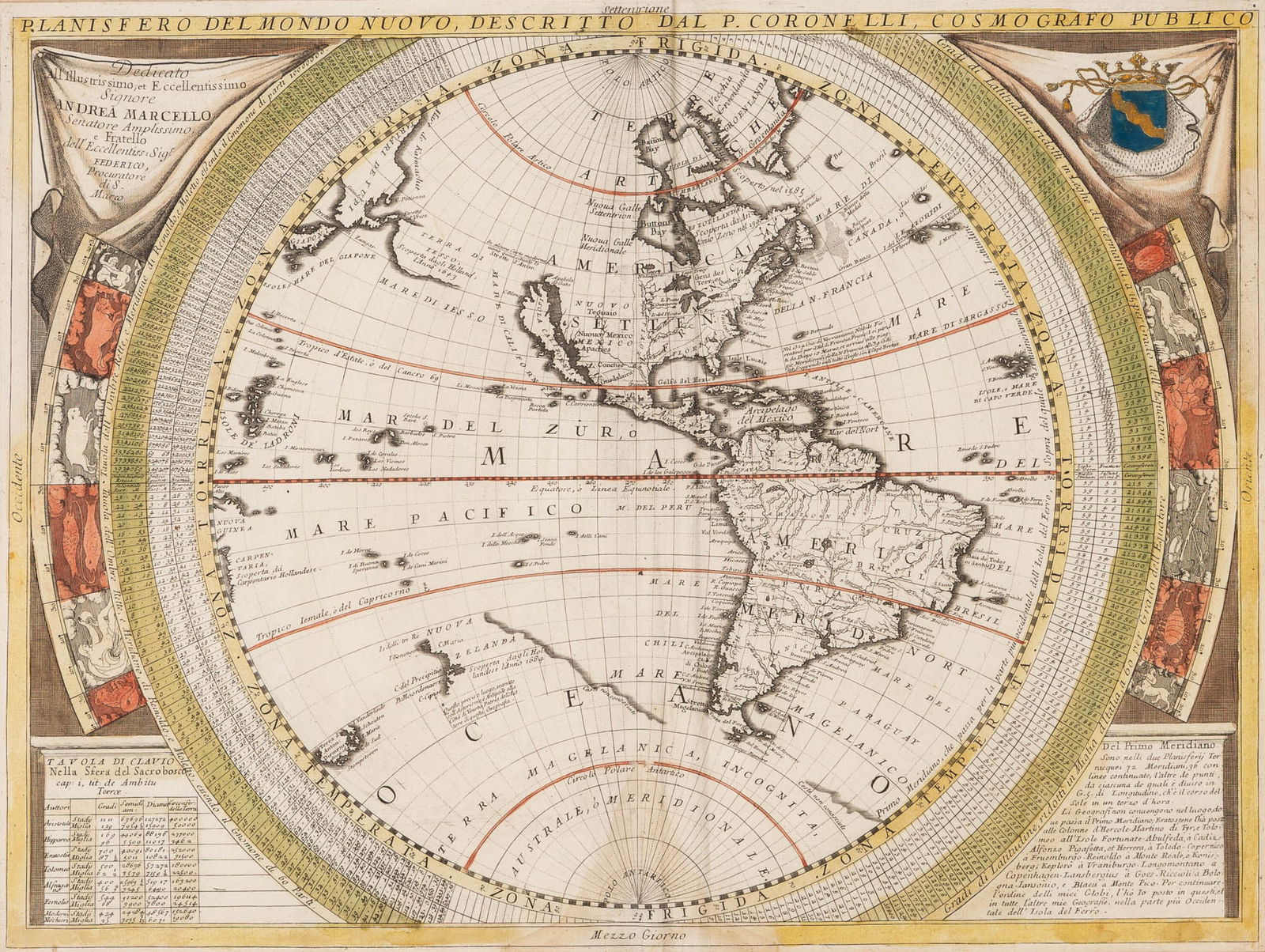 Coronelli's elegant two-sheet hemispheric world map (1 of 4)