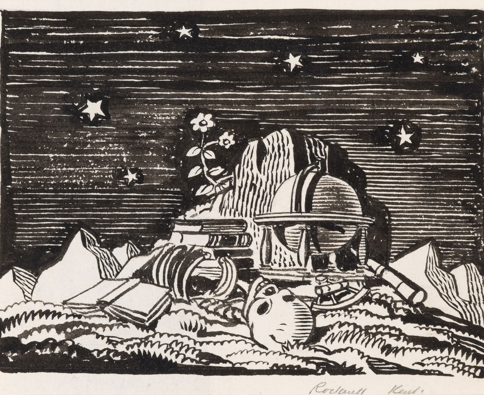A drawing for Rockwell Kent's Moby Dick: KENT, ROCKWELL and HERMAN MELVILLE Moby Dick or the Whale. Original drawing for the terminal illustration to Volume III, chapter CXVIII, The Quadrant, in the 1930 three-volume Lakeside Press edition o