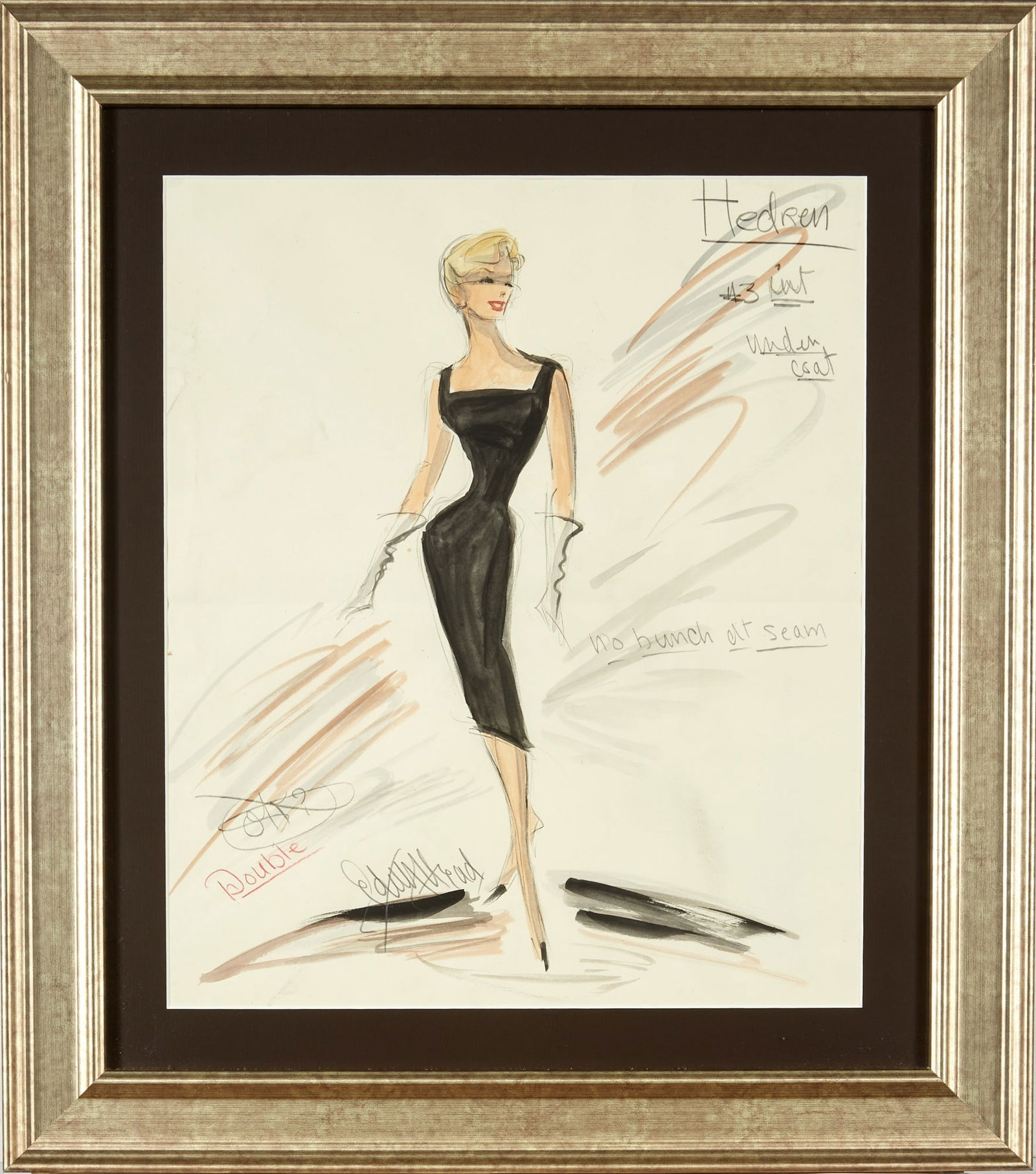 A signed costume design for a dress worn by Tippi Hedren in promoting Hitchcock's The Birds (1 of 1)