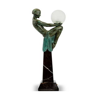 Art Deco Style Mottled Green and Brown Patinated Metal and Marble Figural Lamp After Max Le Verrier: Estate / Collection: Estate of Bartlett Burnap In the form of a seminude young woman seated atop a tapering column and holding a crackle glass sphere, inscribed M. LeVerrier and with a circular