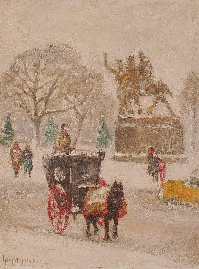 Guy Carleton Wiggins: Estate / Collection: Estate of Bartlett Burnap American, 1883-1962At the PlazaSigned Guy Wiggins (ll)Oil on canvas board15 7/8 x 12 inches (40.3 x 30.5 cm)Provenance:Lyme Art Associat