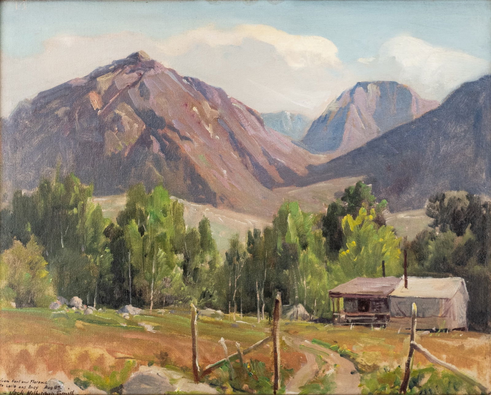 Jack Wilkinson Smith: Estate / Collection: Estate of Bartlett Burnap American, 1837-1949Cabin in the SierrasInscribed From Earl and Florence / to Lolio and Andy Aug, 9th / - Jack Wilkinson Smith (ll)Oil on panel