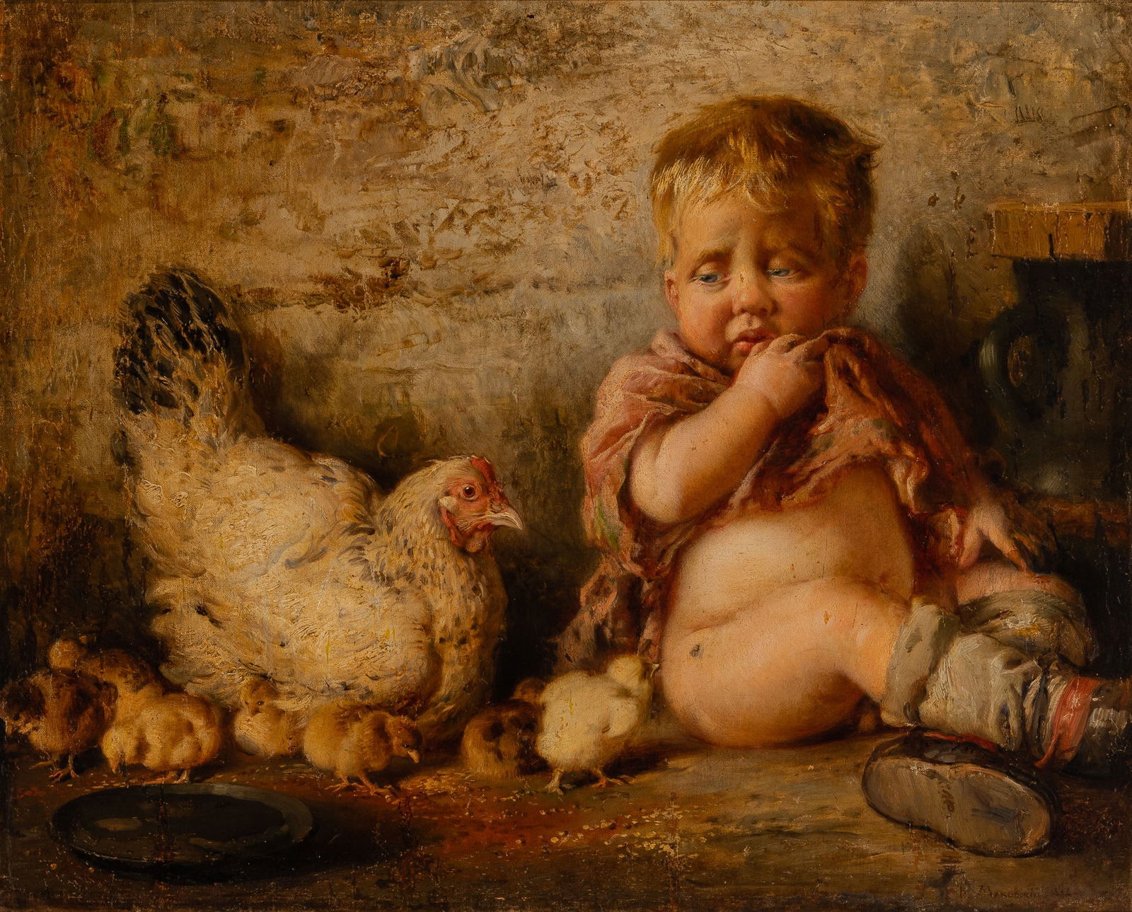 Konstantin Egorovich Makovsky: Russian, 1839-1915Child with Hen and Chicks, 1872Signed in Cyrillic and dated K. Makovsky 1872 (lr)Oil on canvas22 1/2 x 28 inches (57.2 x 71.1 cm)Dr. Elena Nesterova has confirmed the authenticit
