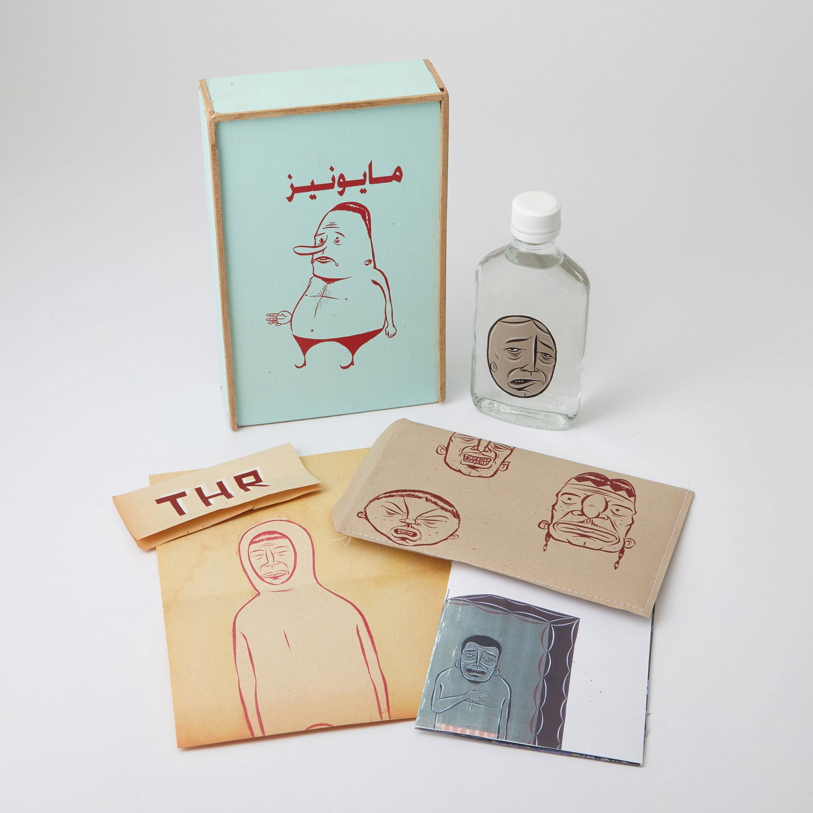 Barry McGee: American, b. 1966Box EditionInitialed B and inscribed ed 20/20 +5 AP on inside of box lidSilkscreened wood box, acrylic and gouache on found glass bottle, silkscreen print on paper, printed fanzine, s