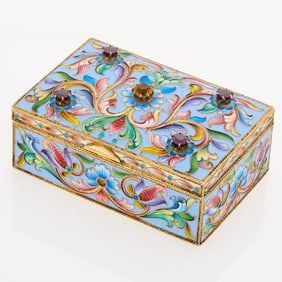 Russian Gem-Set Silver-Gilt and Cloisonné Enamel Covered Box