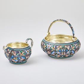 Russian Silver-Gilt and Cloisonné Enamel Sugar Bowl and Cream Jug
