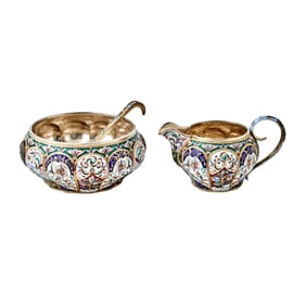 Russian Silver and Cloisonné Enamel Cream Jug and Bowl with Spoon
