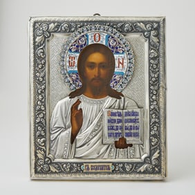 Russian Silver, Cloisonné and Champlevé Enamel Icon of Christ Pantocrator