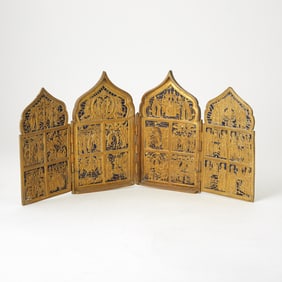 Russian Enameled Brass Traveling Four-Panel Icon