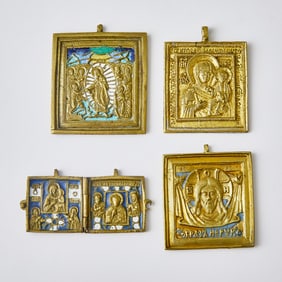 Group of Four Russian Gilt-Metal and Enameled Metal Alloy Traveling Icons