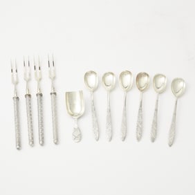 Group of Russian Silver Trompe l'oeil Flatware Articles