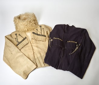 Two Cossack Wool Kaftans; Together with a Lambswool Papakha