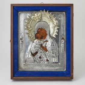 Russian Parcel-Gilt Silver Icon of the Mother of God of Vladimir