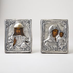 Two Russian Silver Icons of Christ Pantocrator and the Mother of God of Kazan