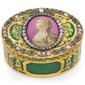 Important Continental Jeweled and Enameled Gold Portrait Snuff Box