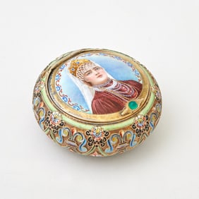 Russian Silver-Gilt, Cloisonné and Pictorial Enamel Pill Box