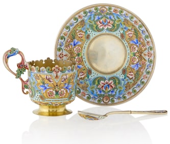 Russian Silver-Gilt and Cloisonné Enamel Cup, Saucer, and Spoon