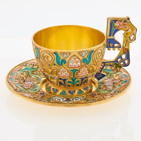 Fabergé Silver-Gilt and Cloisonné Enamel Cup and Saucer