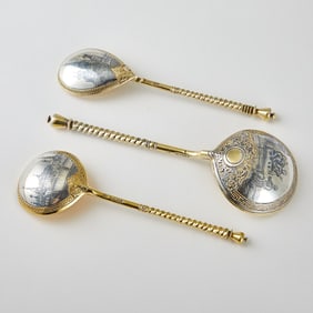 Group of Three Russian Parcel-Gilt Silver and Niello Spoons