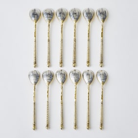 Set of Twelve Russian Parcel-Gilt Silver and Niello Spoons