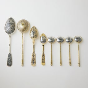 Group of Eight Russian Silver, Silver-Gilt and Niello Spoons