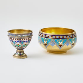 Two Russian Silver and Champlevé Enamel Articles