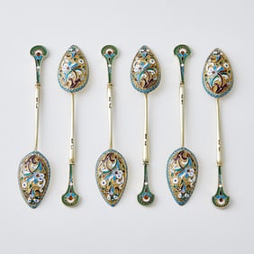 Set of Six Russian Silver-Gilt and Cloisonné Enamel Spoons