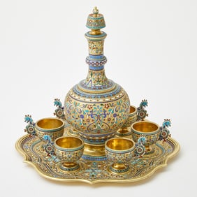 Russian Silver-Gilt and Cloisonné Enamel Vodka Set