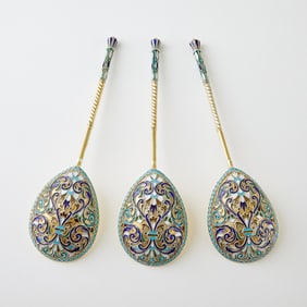 Set of Three Russian Silver-Gilt and Cloisonné Enamel Spoons
