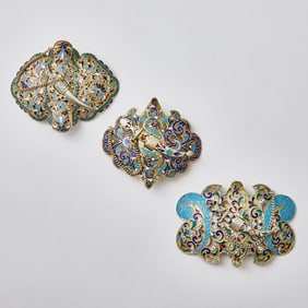 Group of Three Russian Silver-Gilt and Cloisonné Enamel Belt Buckles
