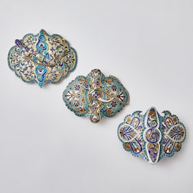 Group of Three Russian Silver-Gilt and Cloisonné Enamel Belt Buckles