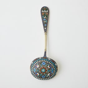 Russian Silver and Cloisonné Enamel Tea Strainer