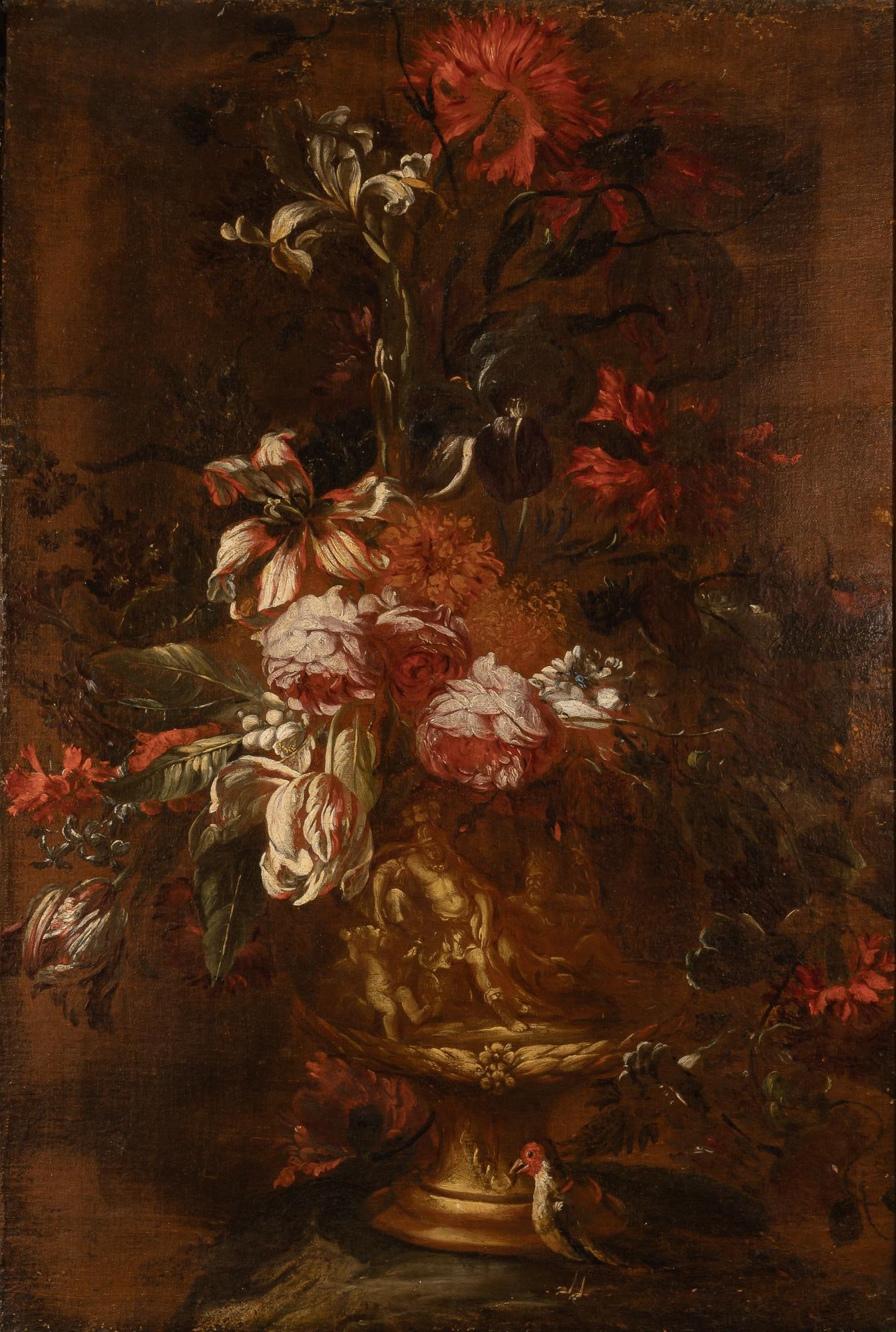 Attributed to Paolo Porpora: Still LIfe of Roses, Tulips, and other Flowers in a Baroque Urn in a Landscape Oil on canvas 36 1/2 x 24 1/2 inches (92.7 x 62.2 cm) Frame 44 7/8 x 32 7/8 inches (114 x 83.5 cm) Provenance: Collection