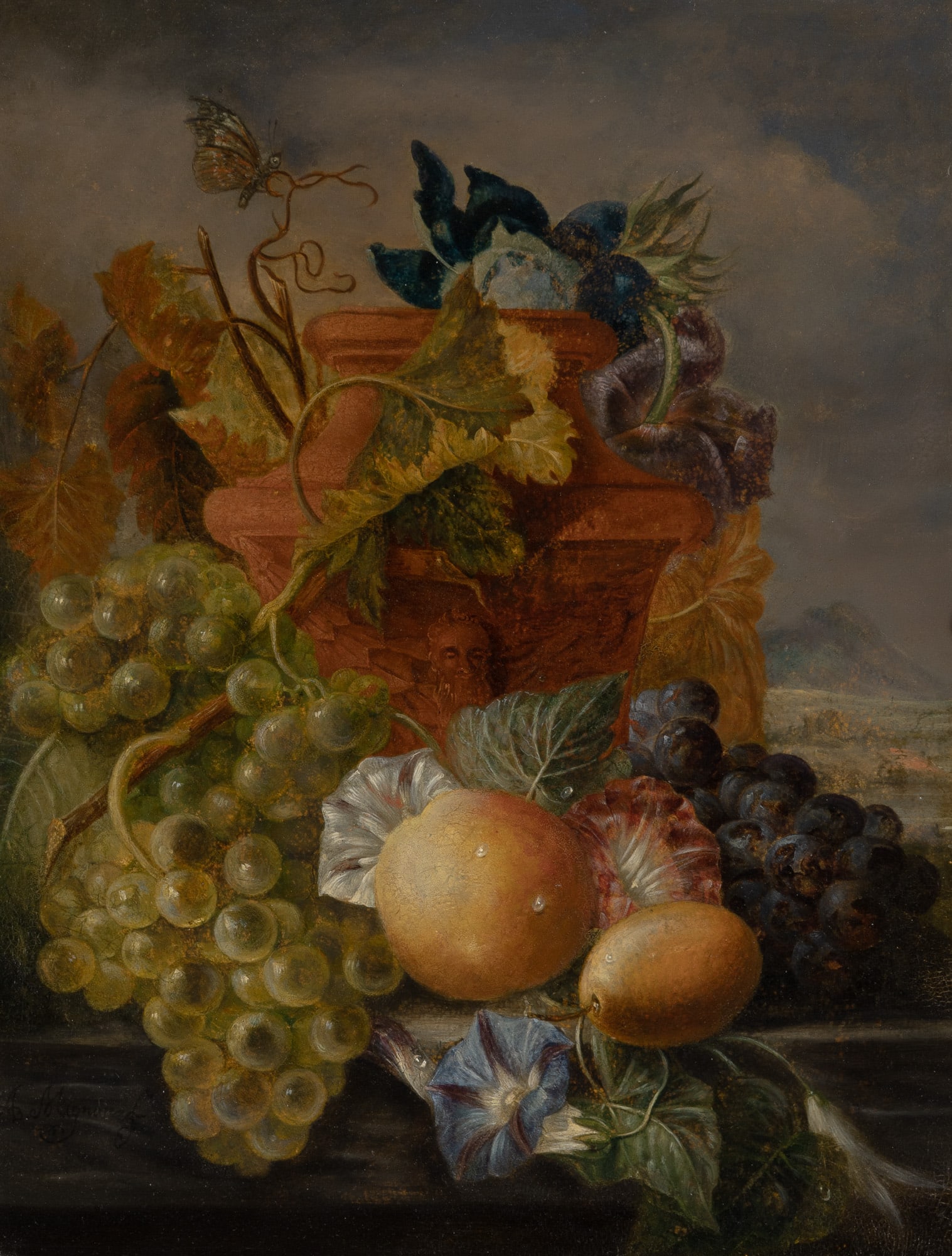 Dutch School: 19th Century Still Life of Fruit and Foliage on a Ledge Oil on board 15 x 11 3/4 inches (38.2 x 29.9 cm) Frame 21 x 17 3/4 inches (53.5 x 45 cm) Darkened varnish. Some lines