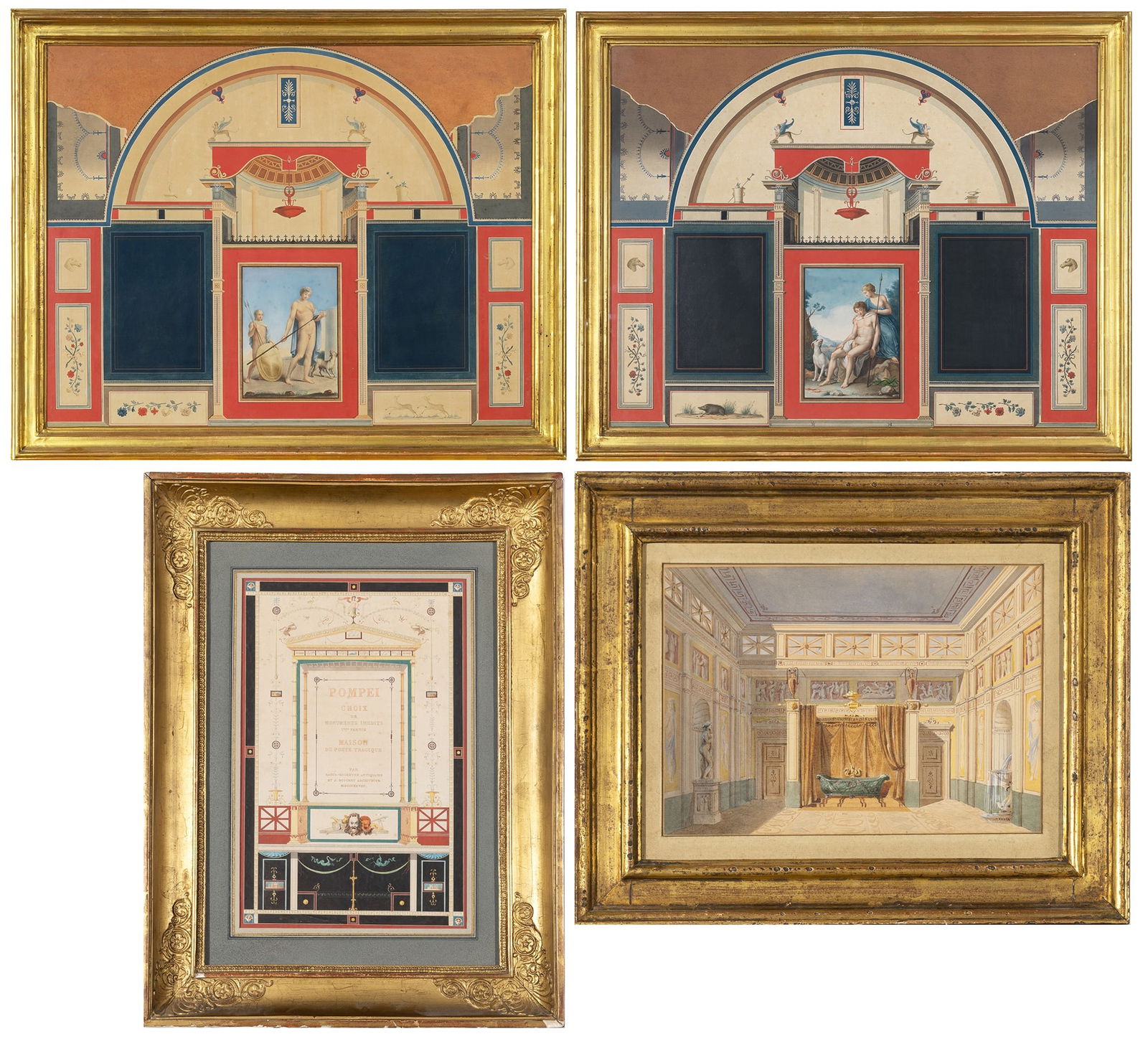 After Anton Raphael Mengs (1728-1779) and Anton von Maron (1733-1808): ROMAN FRESCOES OF THE VILLA NEGRONITwo hand-colored engravings; Together with a Hand-Colored Engraving of Pompéi, Choix d'Édifices Inédits; and a French School Watercolor of a Neoclassi