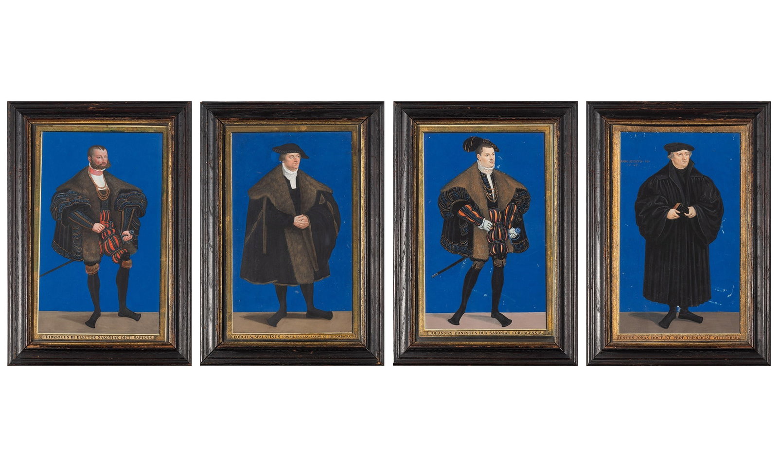 After Lucas Cranach the Younger (1515-1586): FRIEDRICH THE WISE; GEORG SPALATIN; JOHANN ERNST, DUKE OF SAXE-COBURG; JUSTUS JONAS THE ELDERFour hand-colored engravingsSights 10 3/8 x 6 5/8 inches; 264 x 168 mm.Frames 13 1/8 x 9 1/8 inches; 333 x