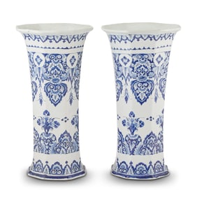 Pair Of Rouen Faïence Faceted Octagonal Blue and White Beaker Vases Circa 1730, atelier of
