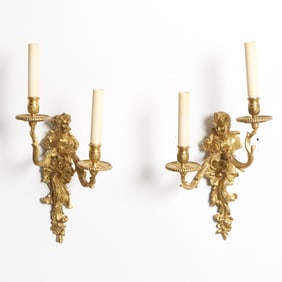 Pair of French Gilt-Bronze Figural Two-Light Wall Lights