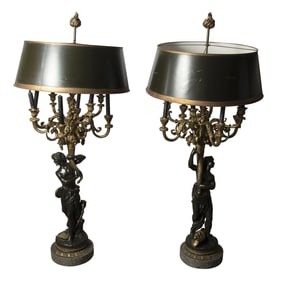 Pair of French Patinated and Gilt-Bronze Eight-Light Large Figural Candelabra After a model by
