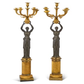 Pair of Empire Gilt and Patinated-Bronze Five-Light Candelabra First quarter 19th century