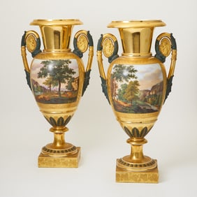 Pair of Continental Gilt-Decorated Porcelain Two-Handled Vases 19th century, probably French
