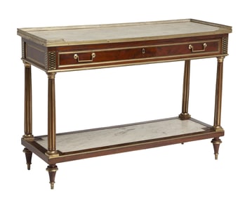 Pair of Louis XVI Brass-Mounted Mahogany and Marble Consoles Dessertes