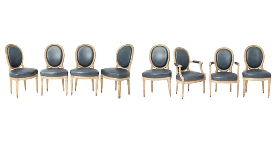 Assembled Set of Eight Louis XVI Gray-Painted Dining Chairs Last quarter 18th century