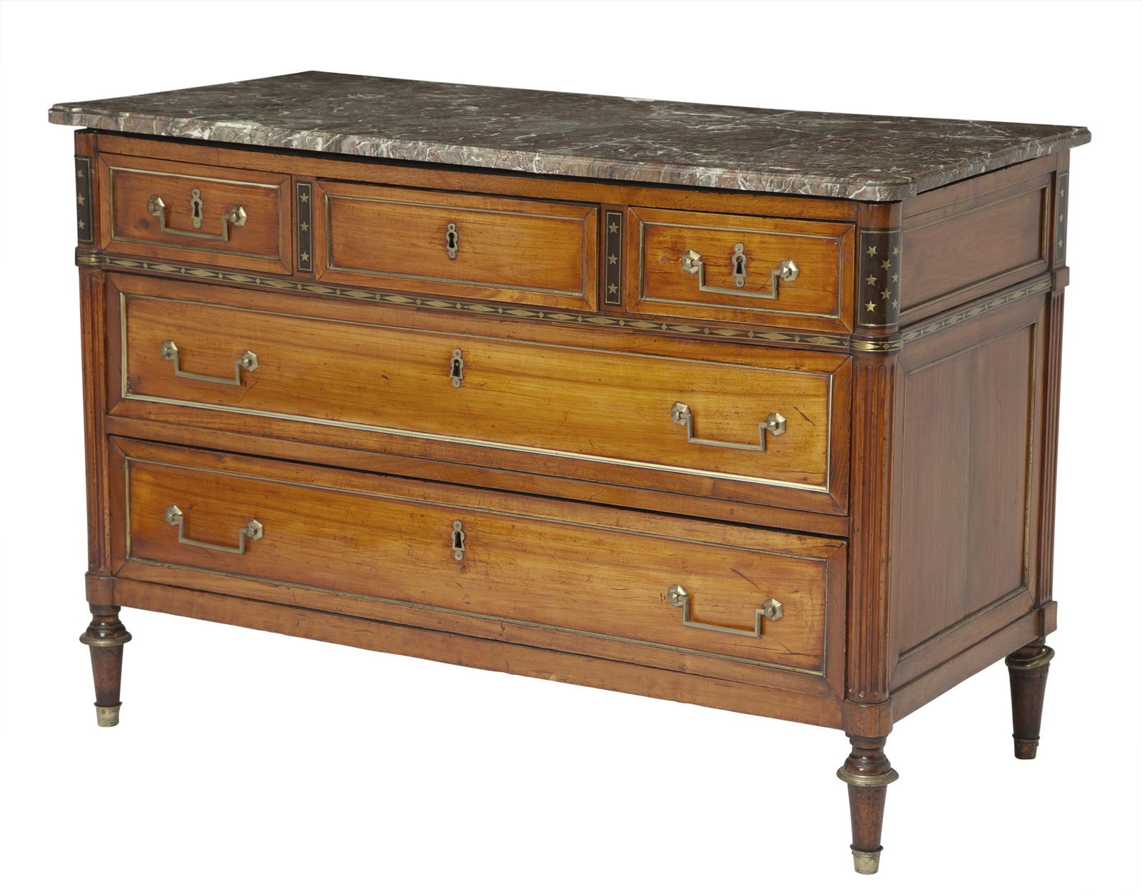 Russian Brass-Inlaid and Mounted Mahogany Commode Late 18th century: The rectangular marble top with outset rounded corners above a conforming case with three frieze drawers interspersed with star-inlaid panels above a lozenge inlaid band over two long drawers flanked