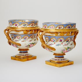 Pair of Coalport Blue Seeded-Ground Porcelain Covered Ice Pails Circa 1820