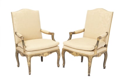 Pair of Louis XV Style Painted and Parcel-Gilt Armchairs