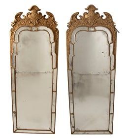 Pair of Queen Anne Style Giltwood and Gilt-Gesso Border Glass Mirrors