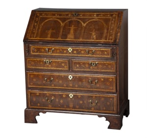George II Walnut and Marquetry Bureau Second quarter 18th century, with later marquetry